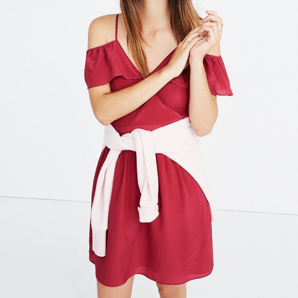 MADEWELL Silk Cold-Shoulder Ruffle Dress 8 BERRY